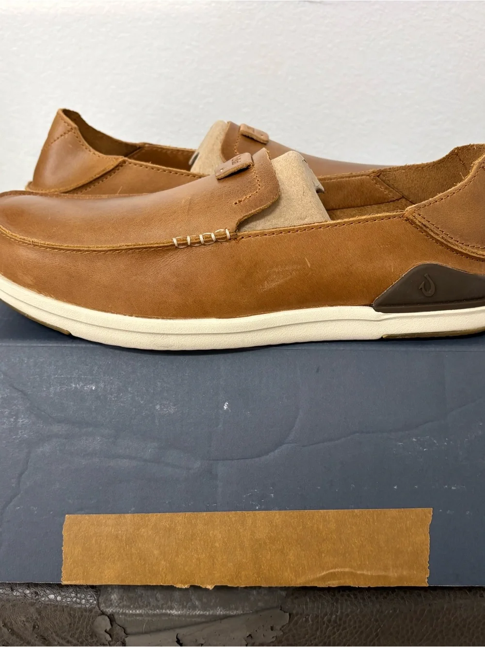 OluKai Brown Leather Slip-On Loafers with Cream Sole